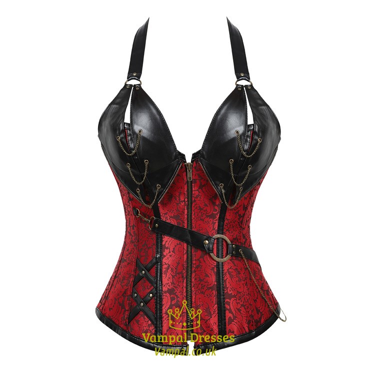 14 Steel Boned Punk Halter Leather Embroidery Shaper Corset