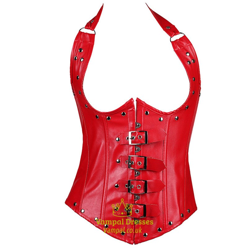 Halter Leather Steel Boned Shaper Corset With Lace Up Back