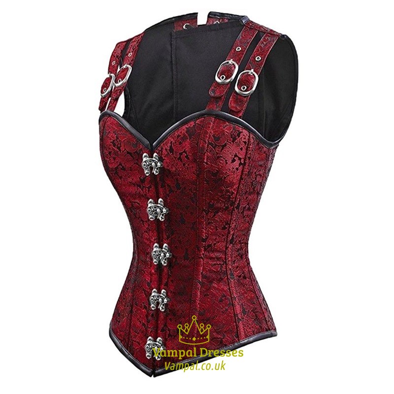 Basque Strap Burgundy 12 Steel Boned Double Button Basque Shaper Corset With Straps ...