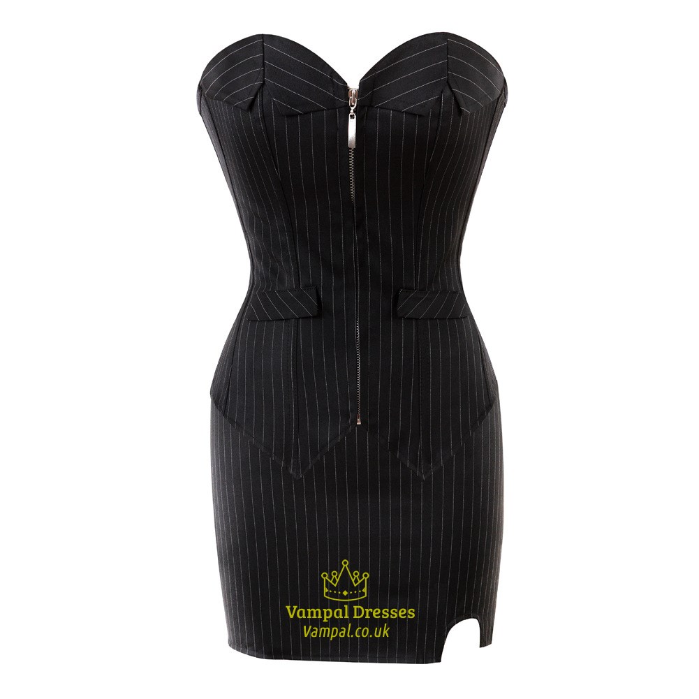 Black Two Piece Strapless Stripe Corset Bodysuit