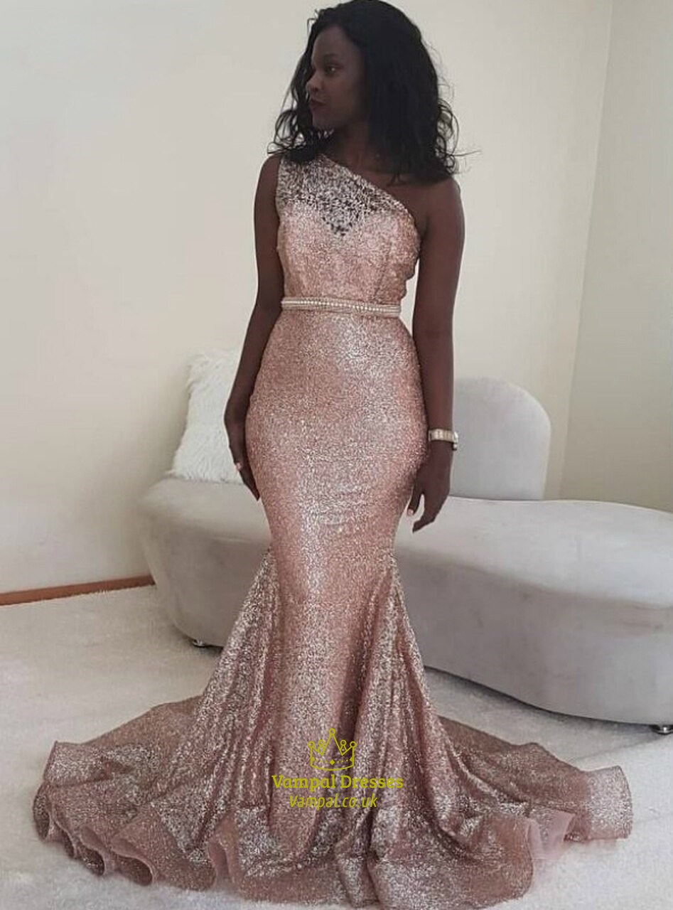 Glitter Pink Sequin One Shoulder Mermaid Evening Dress With Beading