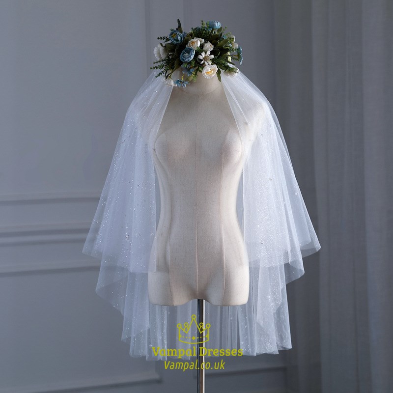 Glittery Double Layer Hem Edge Short Wedding Veil With Pearls