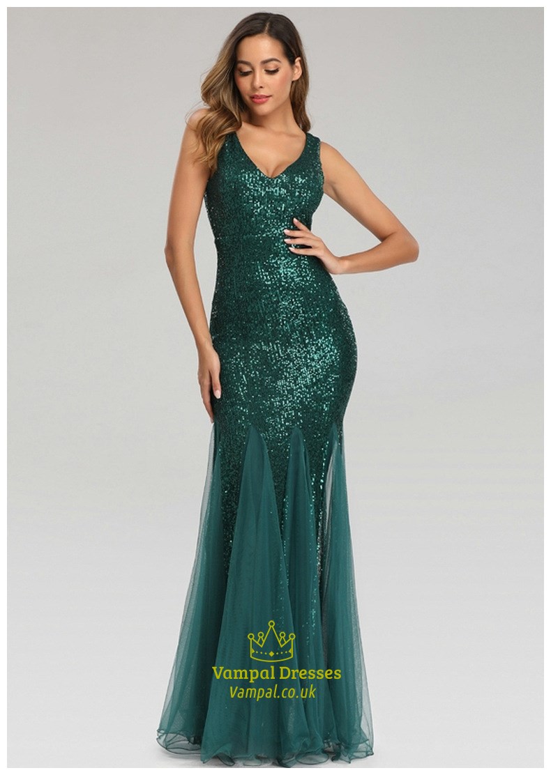 Elegant Mermaid Sequin V-Neck Sleeveless Long Evening Gowns