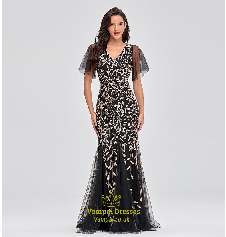 Black Mermaid Sequin V-Neck Long Evening Gown With Flutter Sleeve