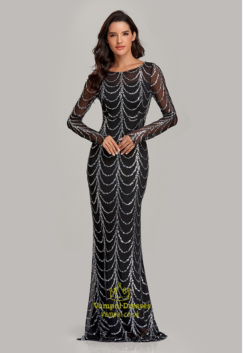 Floor Length Prom Dress With Long Sleeve And Mermaid Sequin Design