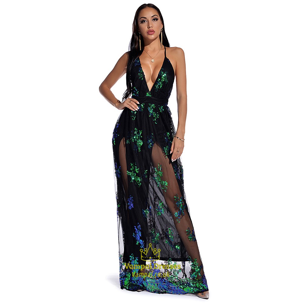 Sequin Deep V-Neck Spaghetti Strap Backless Maxi Dress With Split