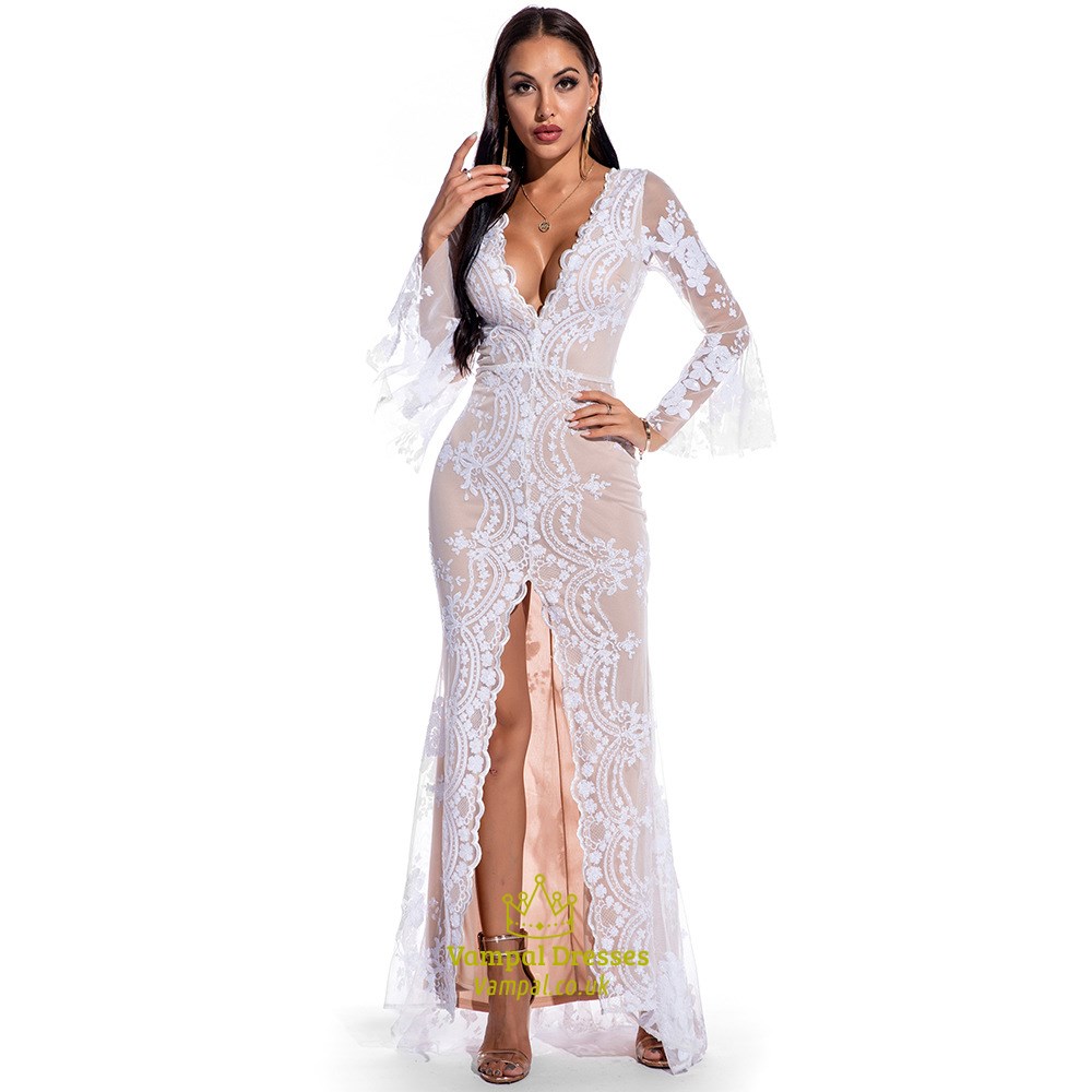 Pailletten verziertes V-Ausschnitt Maxikleid mit vorderem Schlitz