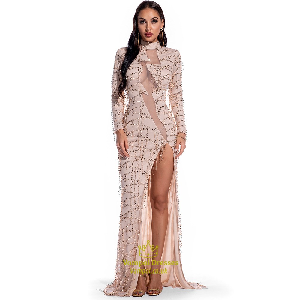 Sequin High Neck Illusion Keyhole Long Sleeves Maxi Dress