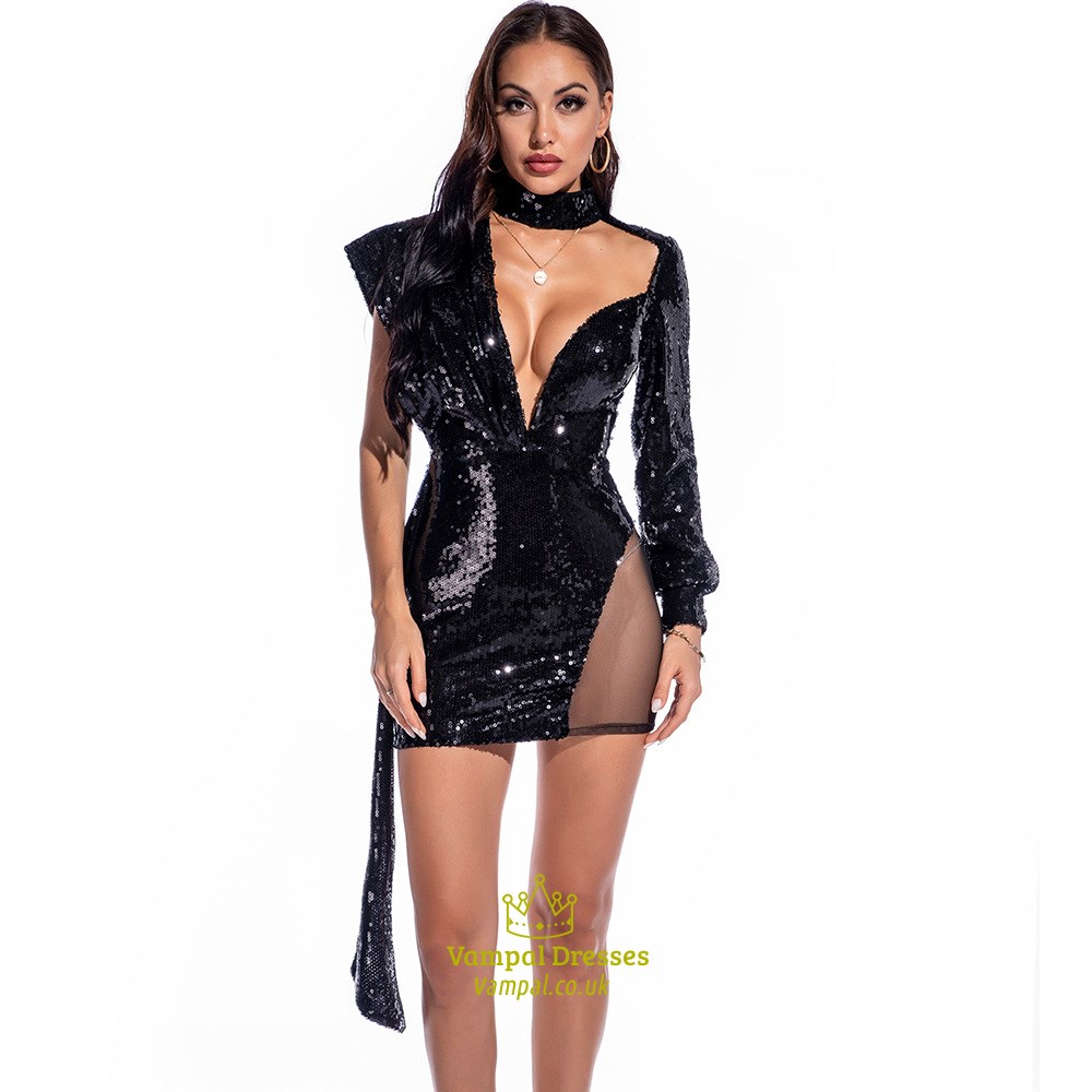Sequin Plunging V-Neck Mini Party Dress With One Shoulder