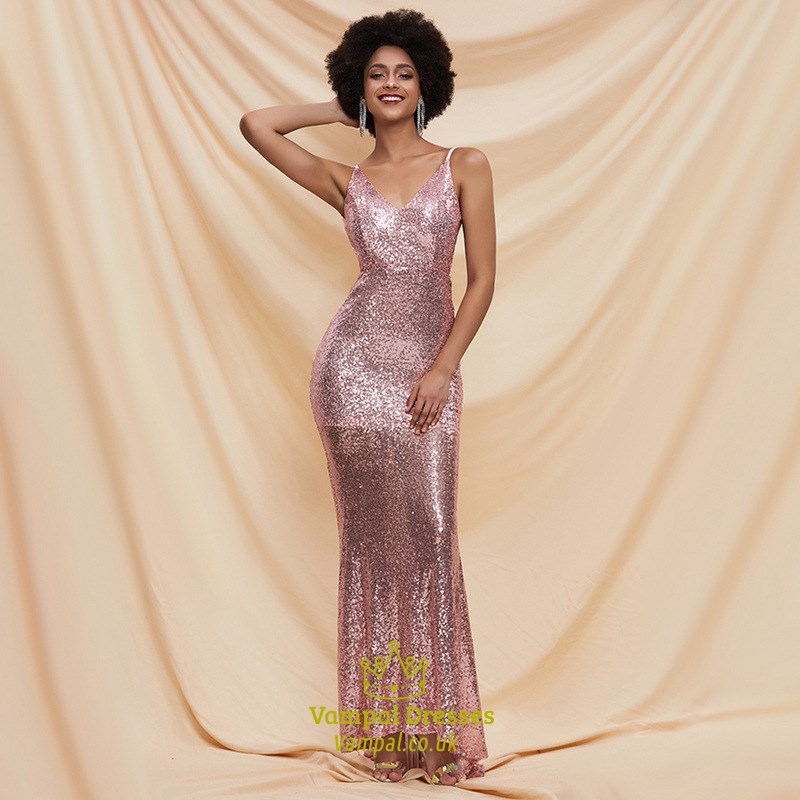 Pink Sequin V-Neck Spaghetti Strap Backless Prom Dress With Bowknot