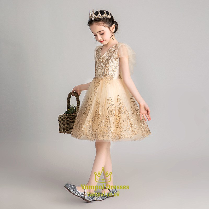 Gold Lace Applique V-Neck Sleeveless Flower Girl Dress