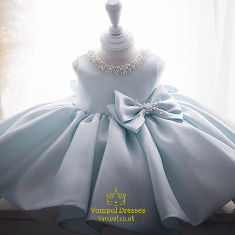 Jewel Beaded Satin Flower Girl Dress With High Neck And Bowknot