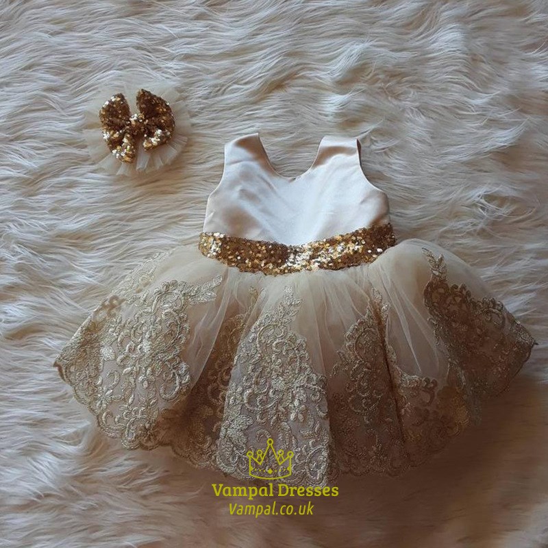 Champagne Lace Applique Sleeveless Tulle Flower Girl Dress With Bow