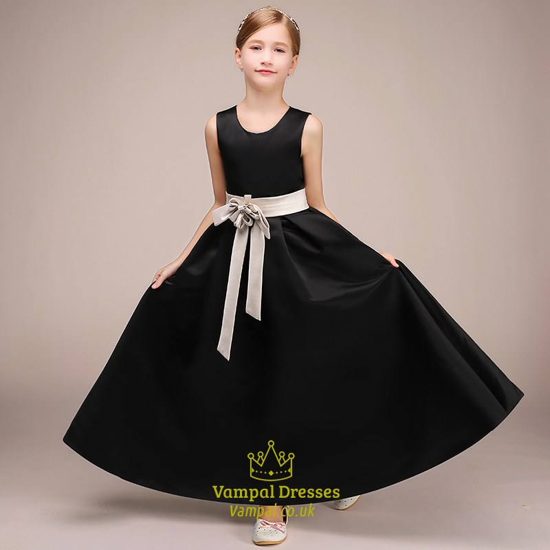 Black Satin Sleeveless Flower Girl Dress With Bow