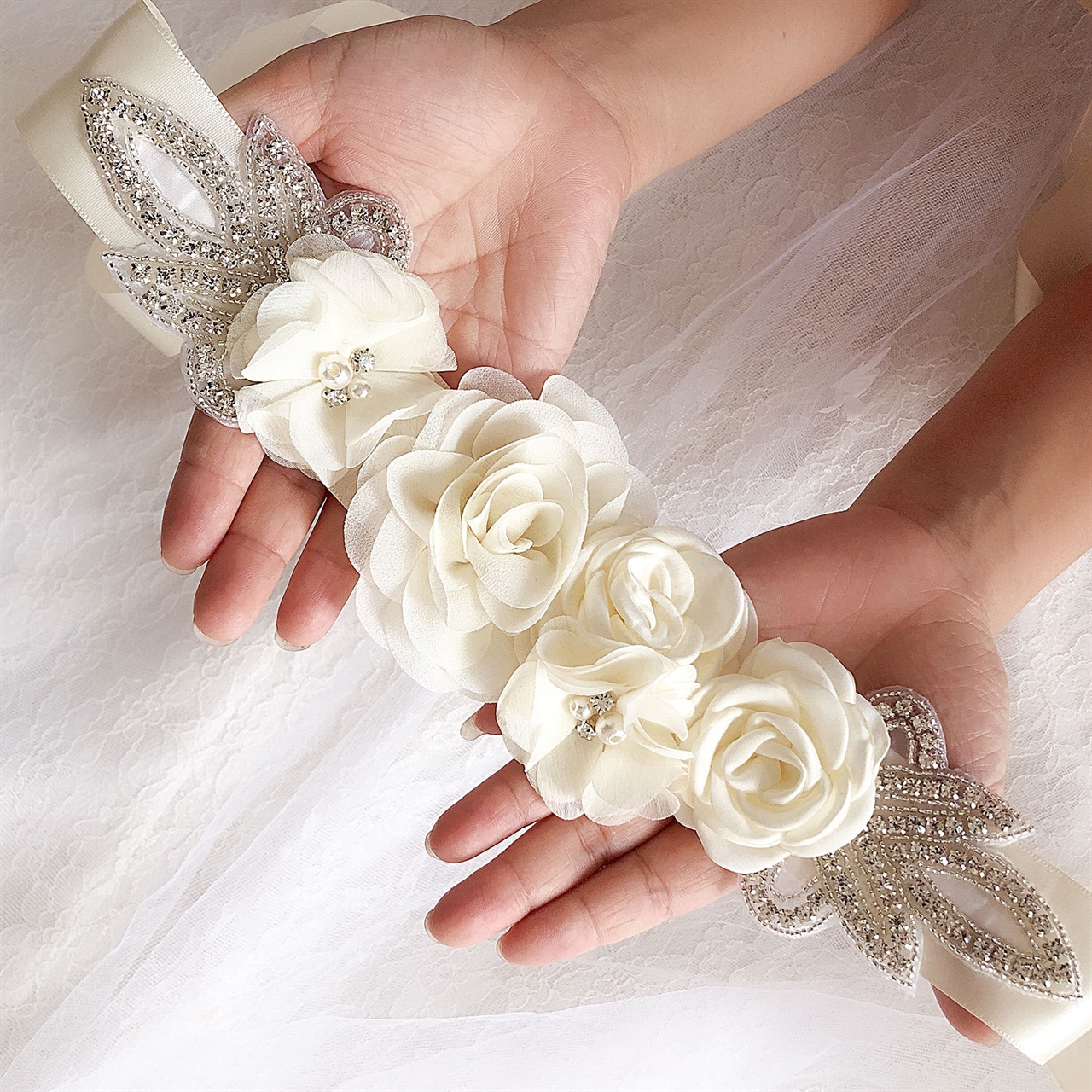 3D Flower Rosette Rhinestone Bridal Sash