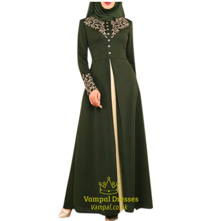 Green Lace Applique Arab Robe Maxi Dress No Hijab | Vampal Dresses