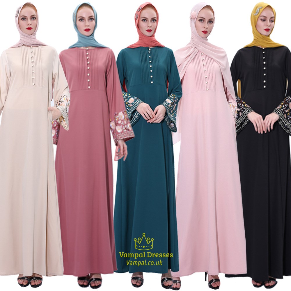 A-Line Embroidered Abaya Dress With Trumpet Sleeve