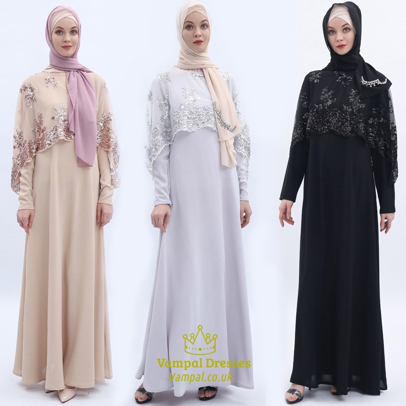 Two Piece Sequin Embroidered Cape Long Sleeve Dress