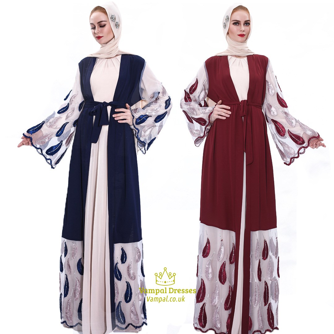 Woven Embroidered Leaf Kimono Open Cardigan With Sash