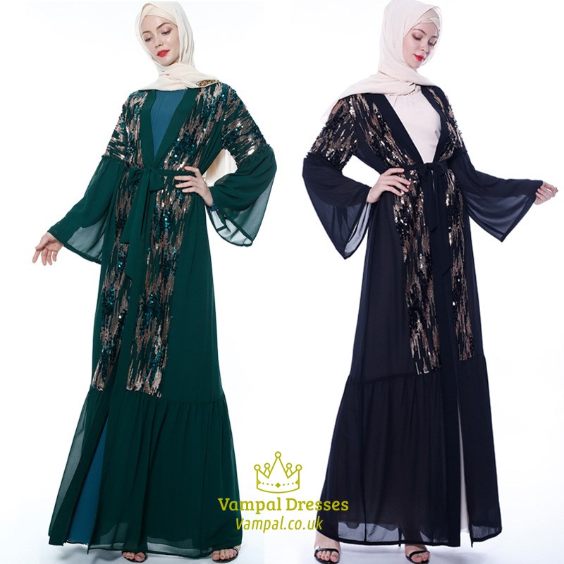 Women's Chiffon Long Sleeve Sequin Open Abaya Cardigan