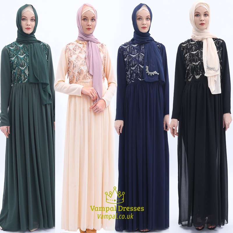 Long Sleeve Chiffon Dress With Sequin Tassels