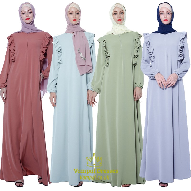 A-Line Ruffled Long Sleeves Abaya Robe Casual Dress