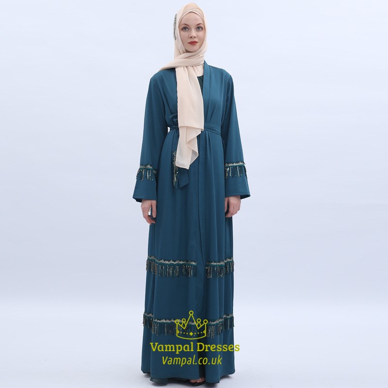 Pailletten Tassel Türkei Robe Abaya Cardigan mit Schleife