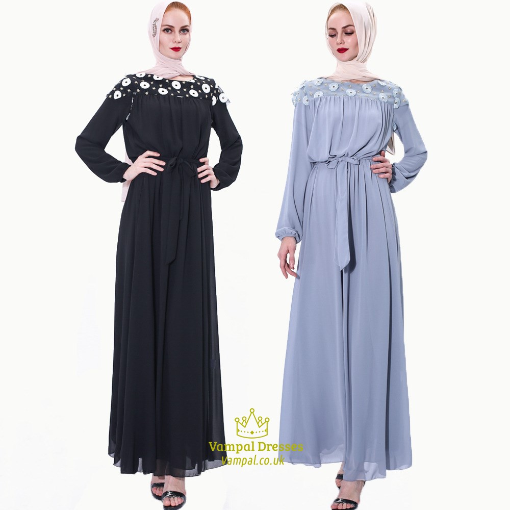 Chiffon Daisy Embroidery Long Sleeve Dress With Sash