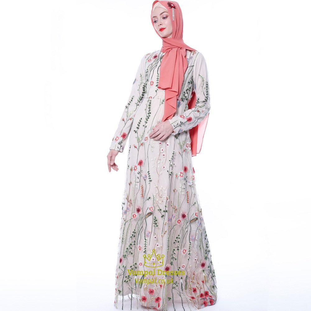 Floral besticktes Tüll Langarm Abaya Kleid
