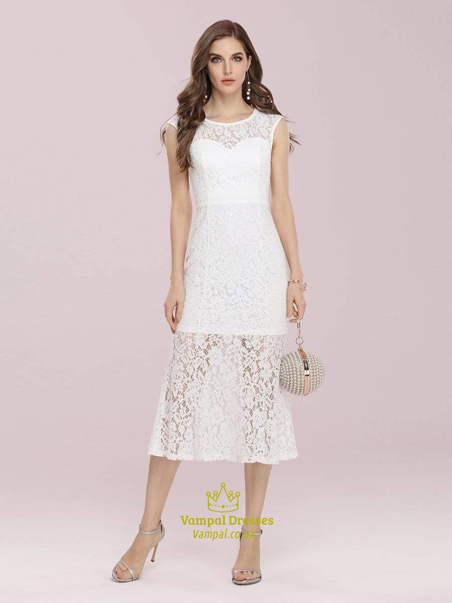 Rundhals ärmelloses Spitzenoverlay Midi Partykleid