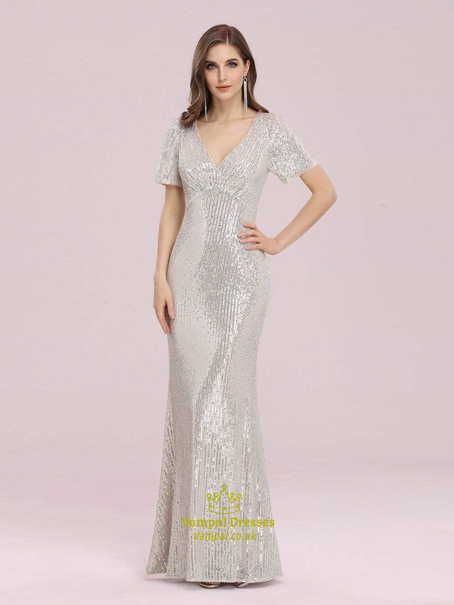 Goldenes V-Ausschnitt Pailletten Meerjungfrau Abendkleid mit kurzen Ärmeln