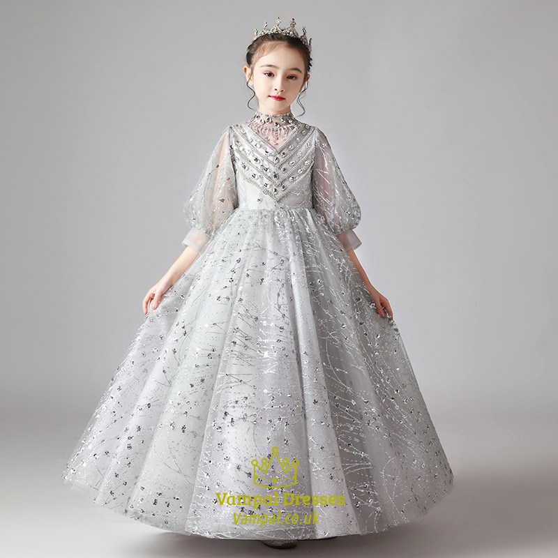 Grey Lace Beaded Flower Girl Dress With Sleeves