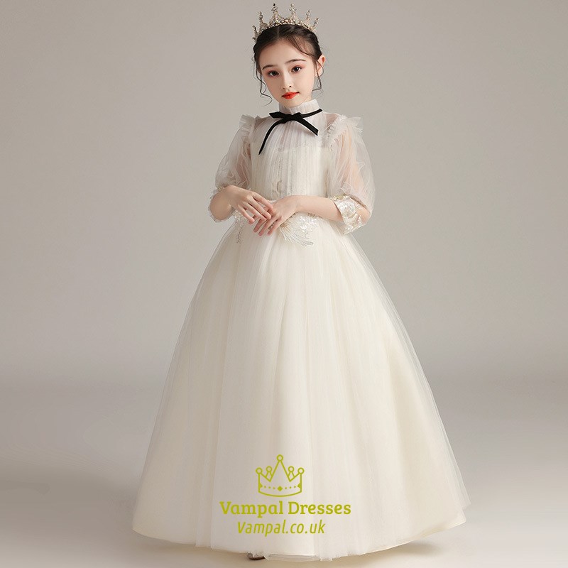 Lace Applique Pleated Flower Girl Dress With Sheer Sleeves