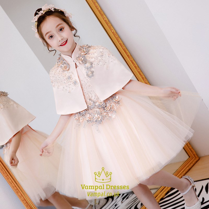 Champagne Lace Applique Tulle Flower Girl Dress With Cloak