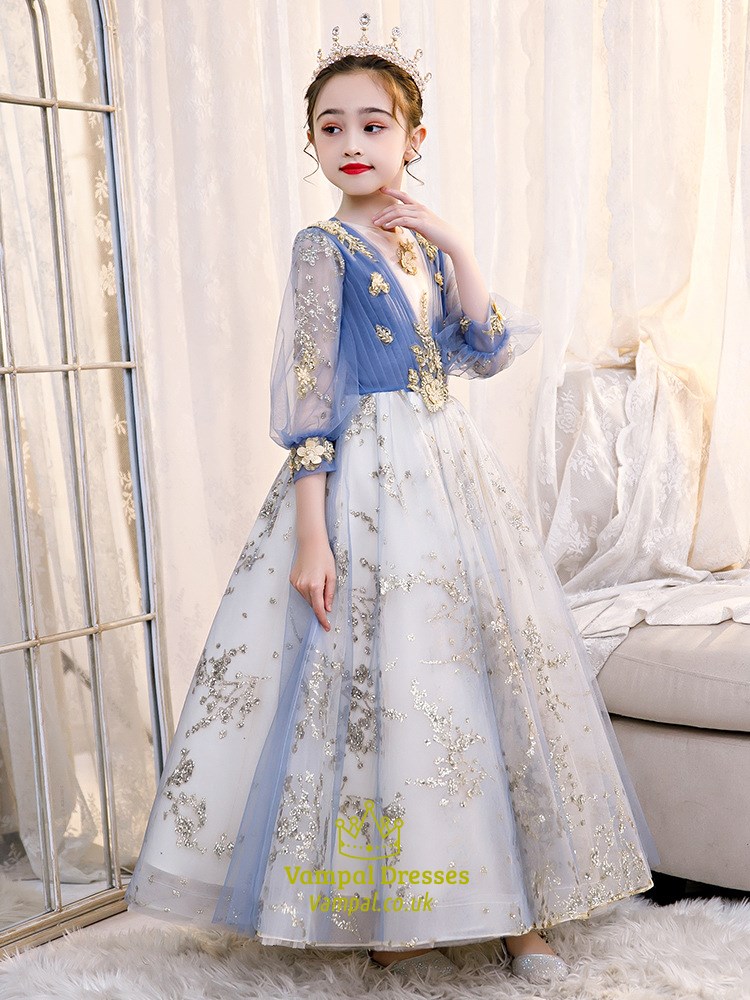 Lace Applique Pleated Sequin Flower Girl Dress With Sleeves