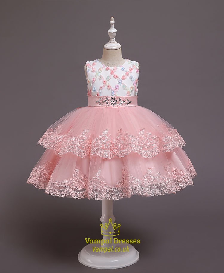 Girls Lace Applique Floral Tulle Princess Dress With Beading