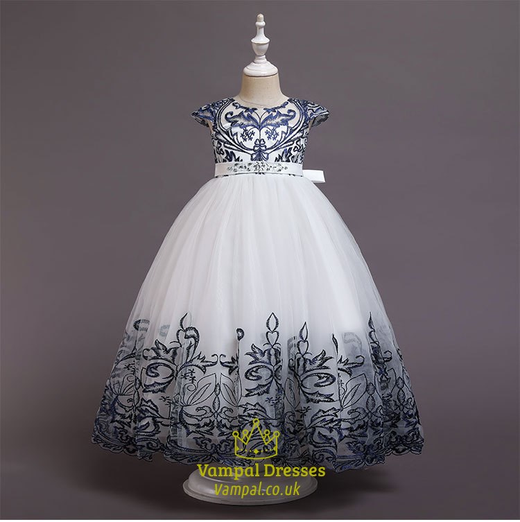 Navy Blue Lace Embroidery Tulle Princess Dress With Cap Sleeves