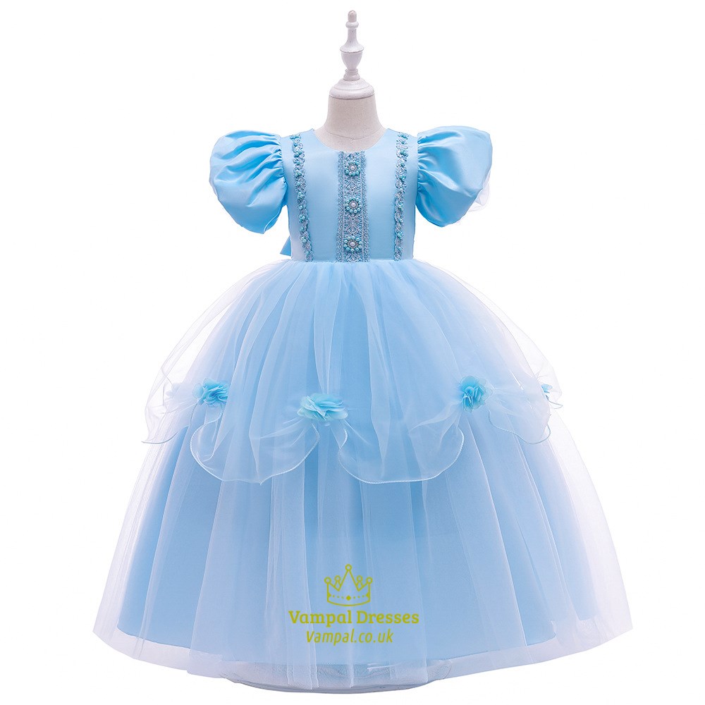 Girls Blue Pearl Embellished Princess Party Dress With Trumpet Sleeve