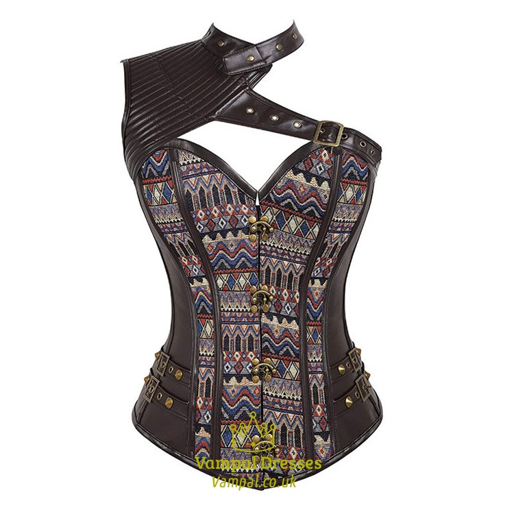 Punk One Shoulder Embroidery Leather Steel Boned Corset