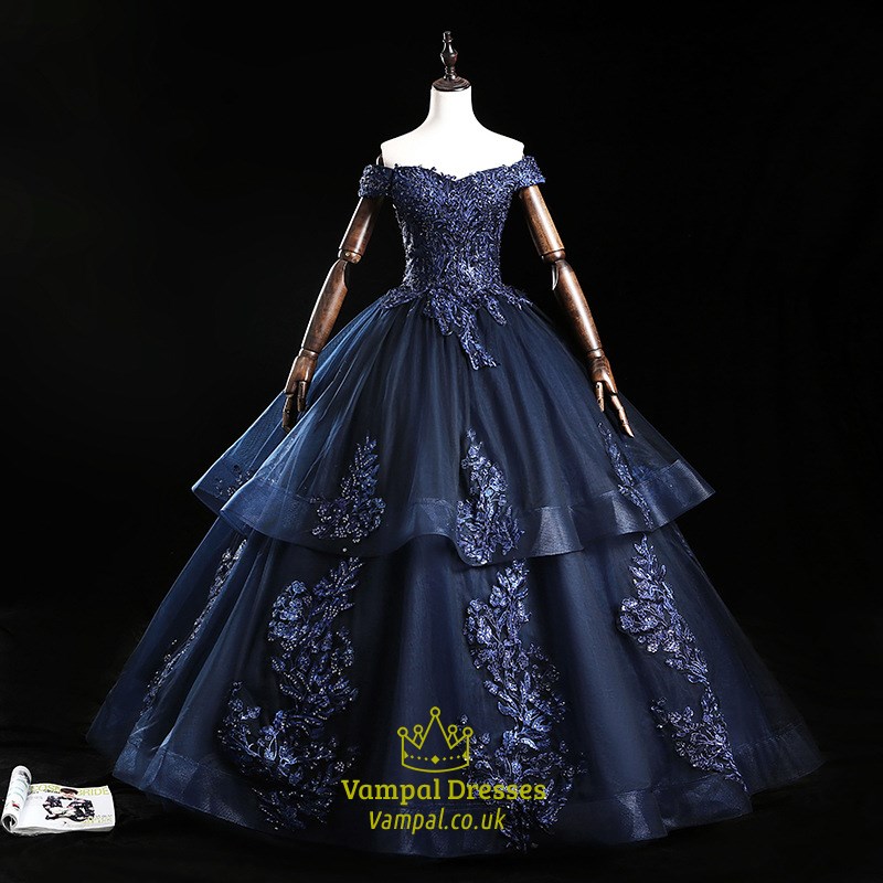 Beaded Lace Applique Off The Shoulder Layered Prom Dress