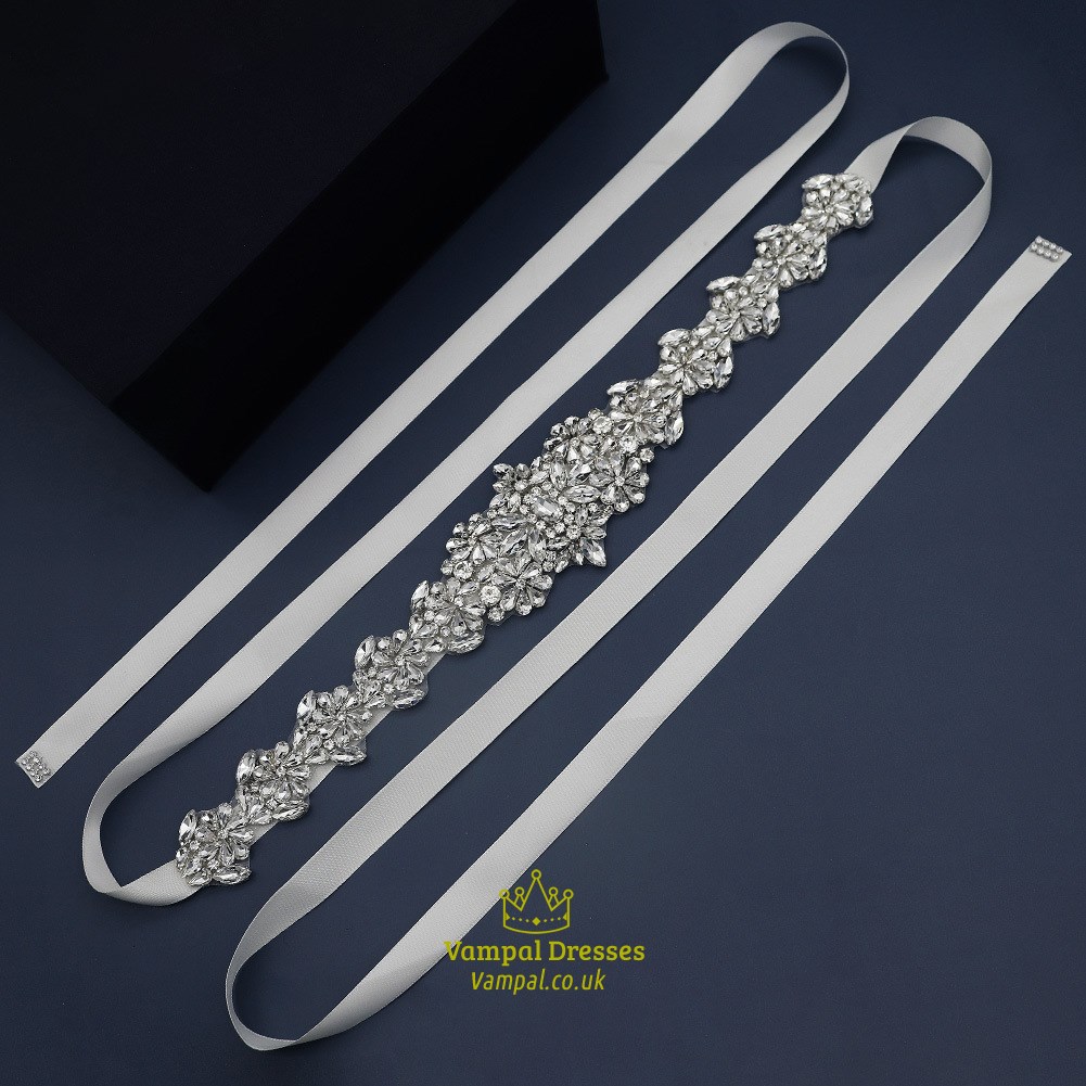 Handmade Waist Ribbon Rhinestone Bridal Belt Ivory Satin