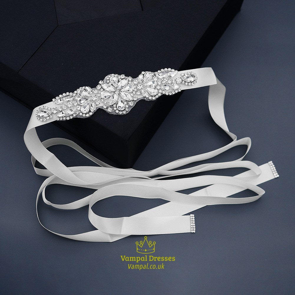 Handmade Rhinestone Bridal Sash Belt With Ivory Satin