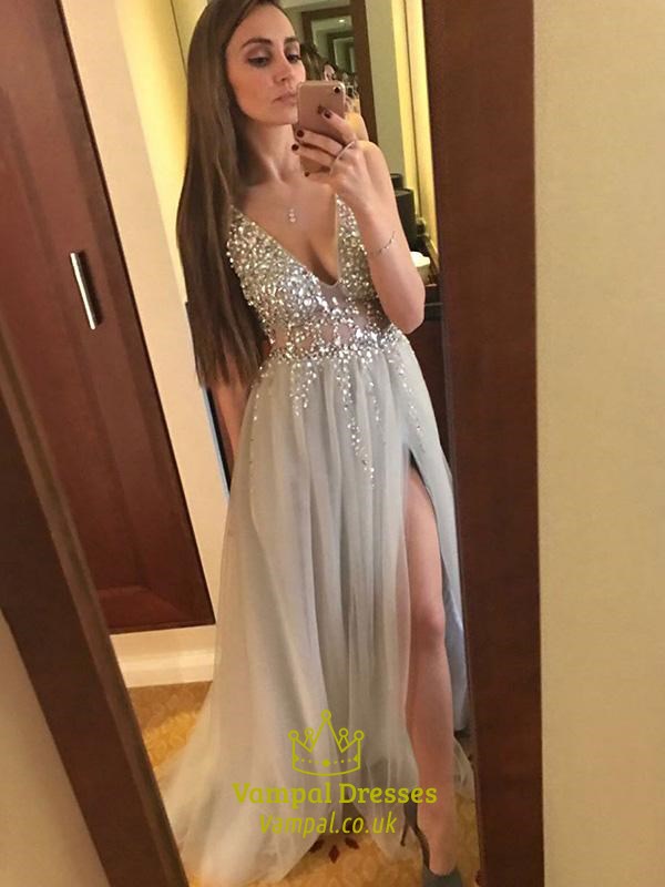 Deep V Neck Beaded Bodice Split Front Long Tulle Prom Dress