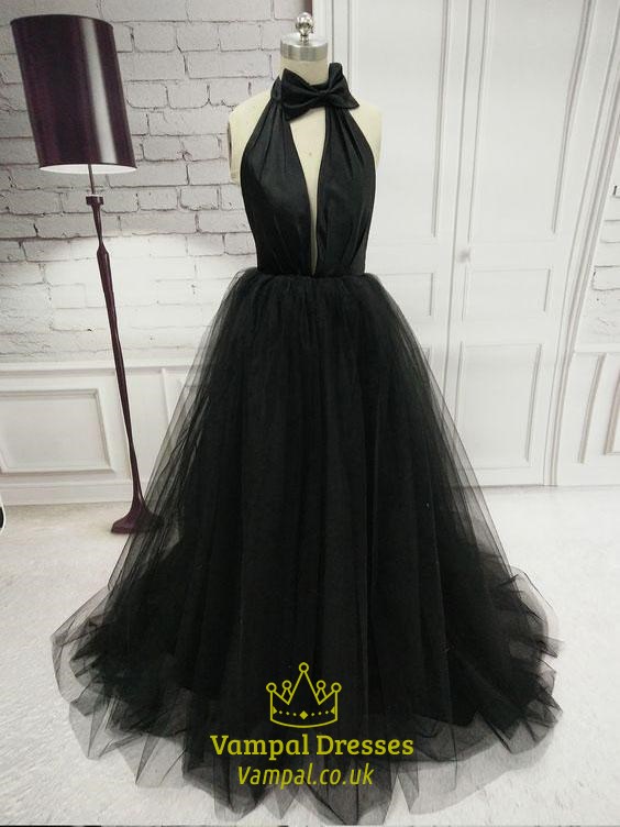 A-Line Halter Keyhole Long Tulle Prom Dress With Bowknot