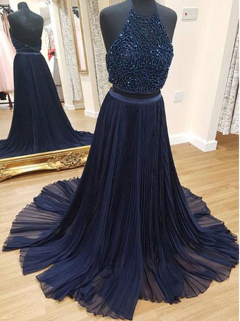 Navy Blue Two Piece Halter Beaded Bodice Backless Evening Dress