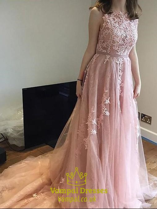 Altrosa langes A-Linien-Tüll-Abendkleid mit Spitzenapplikation und V-Rücken