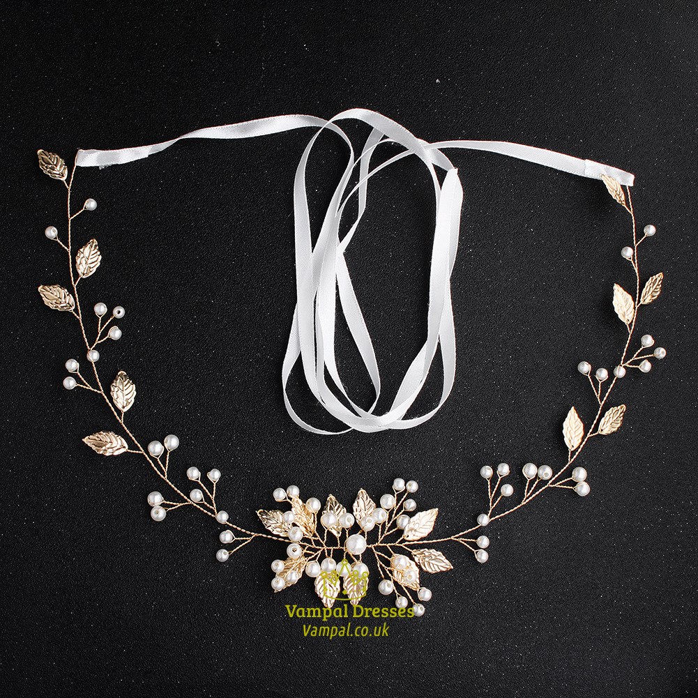 Gold Alloy Leaf Handmade Princess Bridal Sash Belt With Pearls