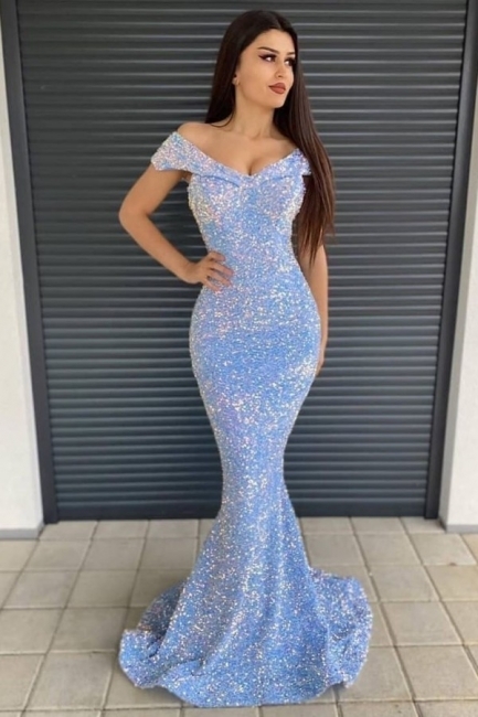 Langes lila Pailletten-Abendkleid in Trompeten-/Meerjungfrauenform mit schulterfreiem Ausschnitt