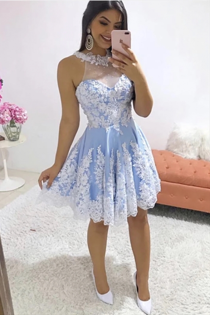 Blue High-Neck Halter Lace Applique Short Prom Dress