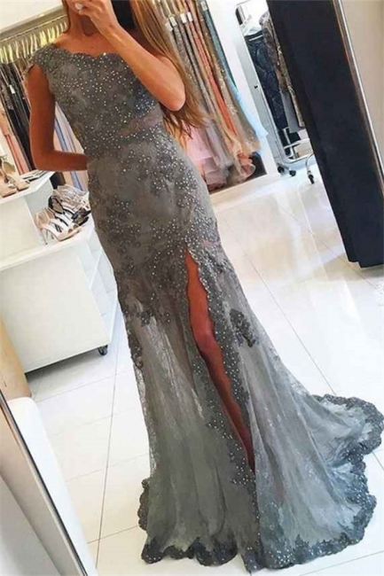 Grey Lace Applique Beaded One Shoulder Mermaid Prom Dress